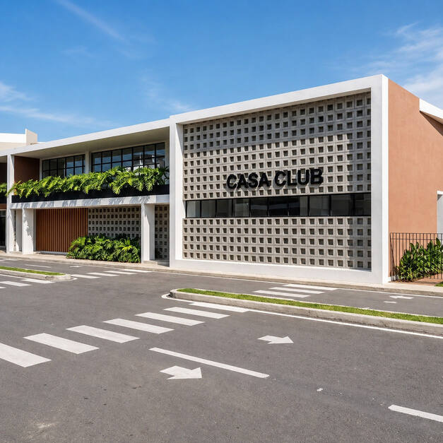 Fachada de la casa club del proyecto en Freddy Veras Goico